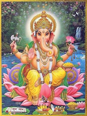 Ganesha Sitting on a Lotus Flower, an Exuberant Dance of Color and Divine Majesty!